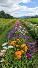 Biodiversity and Pollinator-Friendly Agriculture, Bees and butterflies fluttering between colorful wildflower strips planted between crop rows, aiding natural pollination in a biodiverse farming 