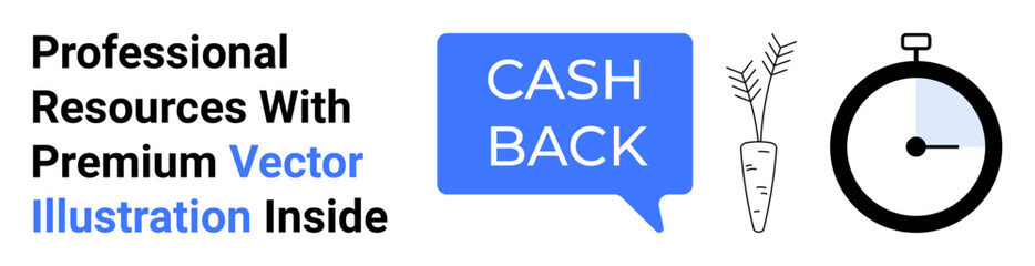 Cashback speech bubble, minimal carrot, stopwatch icon symbolizing rewards, savings, and sustainability. Ideal for promotions, financial planning, e-commerce, time management shopping deals