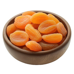Dried apricots in a wooden bowl. Isolated dried fruit PNG with no background. Sweet and healthy apricots snack