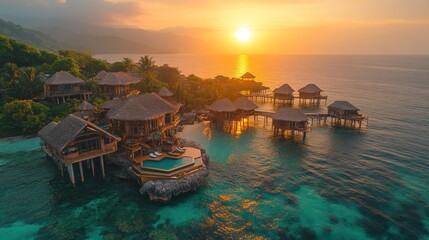 Sunset over overwater bungalows, tropical island resort