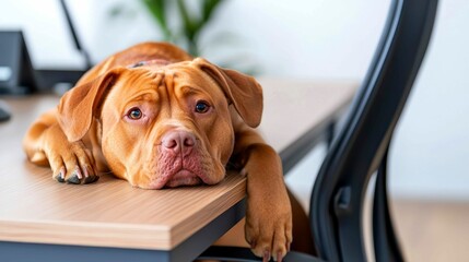 Melancholy Fawn Colored Dog Relaxing on Office Desk While Leaning Head on Paw in Casual Work Environment