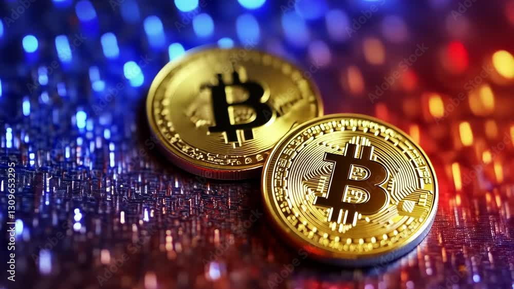 Poster bitcoin coin with red and blue digital network background. cryptocurrency and blockchain concept.