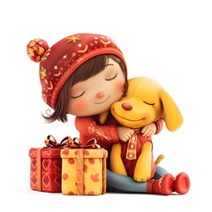 Cheerful Girl Embracing Yellow Puppy Surrounded by Christmas Gifts