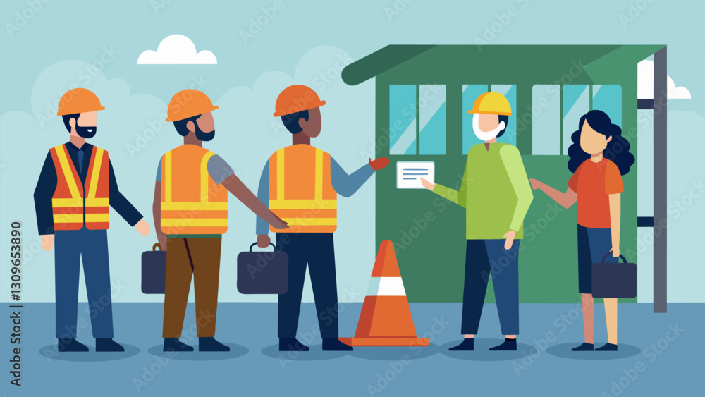 Poster visitors being given safety vests and helmets before being allowed onto the site.. vector illustrati
