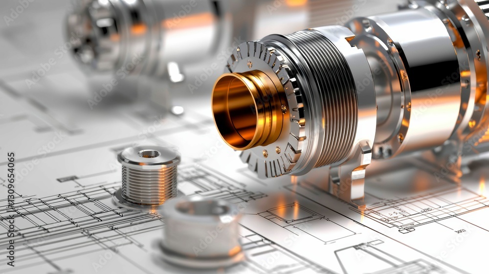 Poster engineering blueprint with shiny metallic components technical design and innovation presentation