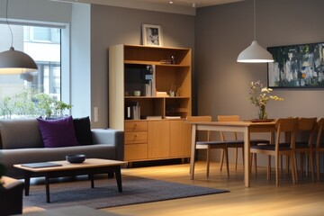 Modern living room with dining area, featuring a light wooden bookcase, sofa, and a wooden table.