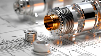 Engineering Blueprint with Shiny Metallic Components Technical Design and Innovation Presentation