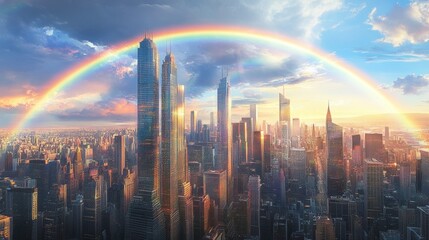 Fototapeta premium Majestic Urban Panorama with Resplendent Rainbow Over Cityscape