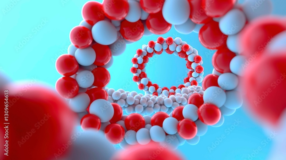 Poster circular abstraction with red and white spheres creating a tunnel illusion on a blue backdrop