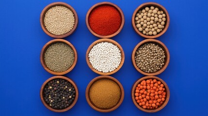 Vibrant Assortment of Spices and Seasonings in Wooden Bowls on Blue