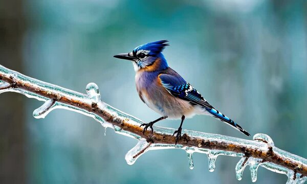 A vibrant blue jay perched on a frosty branch, surrounded by glistening ice in a serene winter landscape