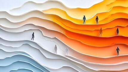 Symbolic paper cut layered landscape representation of mentorship guidance and leadership  Silhouetted figures on a path through geometric dunes and sunset skies
