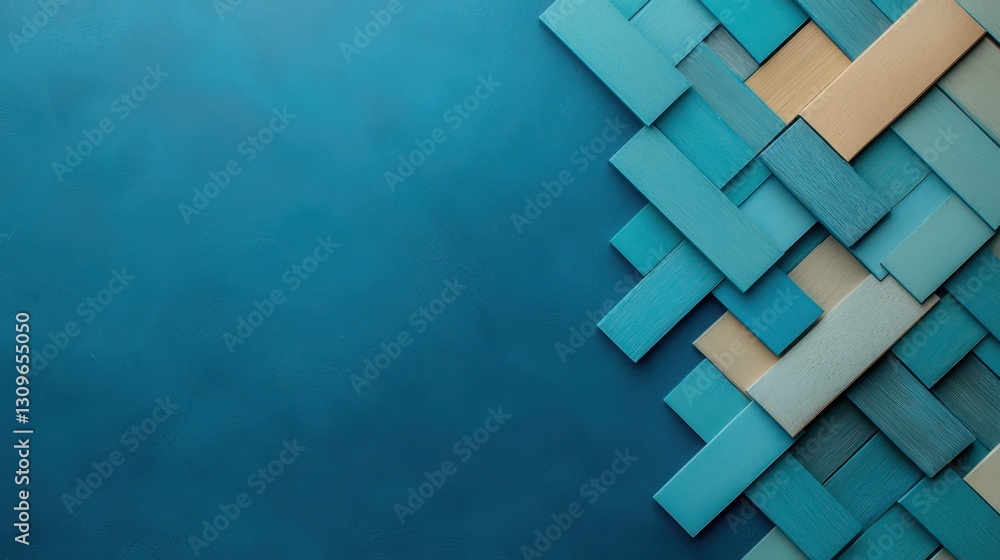 Poster blue background with wooden block pattern, textured and geometric design for visual projects