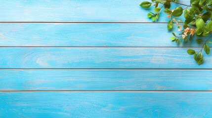 Rustic blue wood background with green leaves, a natureinspired texture for design