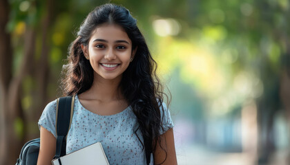 young indian college girl holding book at college campus