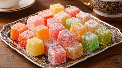 Colorful Fruit Candies on Silver Tray with Decorative Teacup