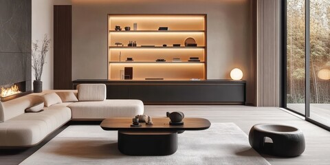 A modern living room with a fireplace and large windows