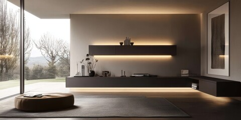 Modern living room with dark furnishings and ambient lighting fixtures