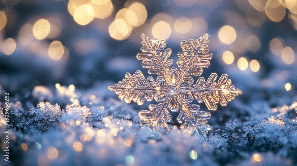 Poster intricate snowflake crystal glimmers in soft light on snowy surface