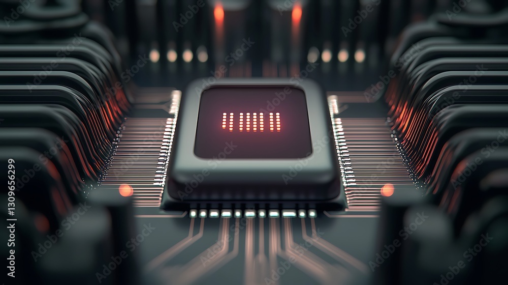 Poster close-up view of a high-tech microchip surrounded by intricate circuitry and glowing elements
