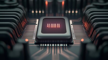 Close-up view of a high-tech microchip surrounded by intricate circuitry and glowing elements