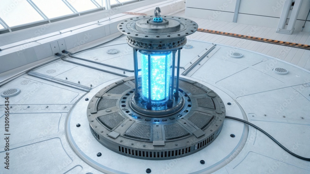 Poster a futuristic energy core with a glowing blue interior, set on a circular platform with intricate mec