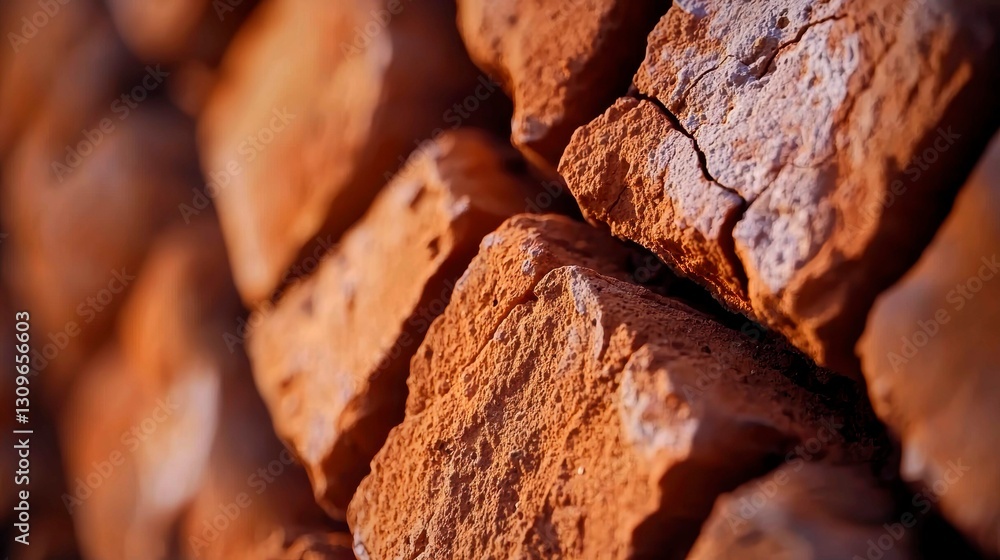 Aufkleber stack of weathered terracotta clay bricks displaying rough textures and cracks in natural light