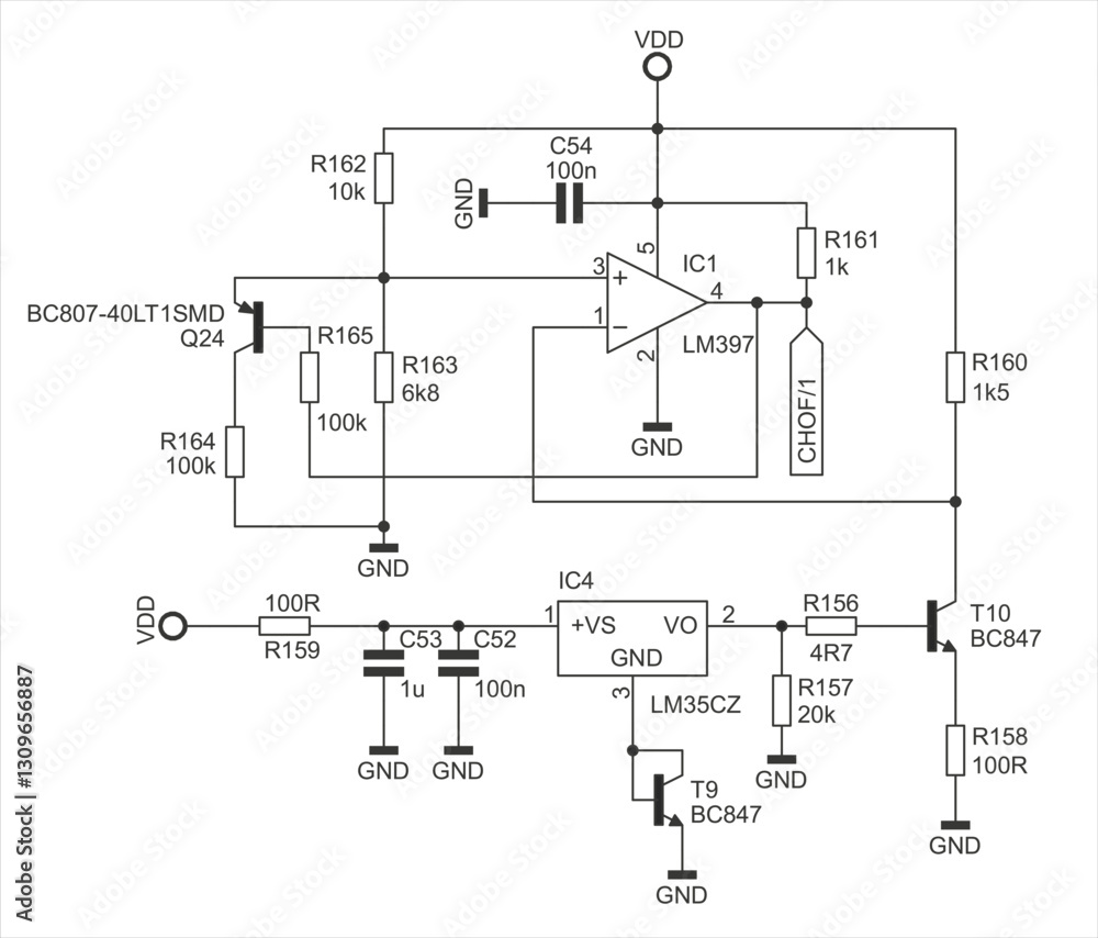 Poster schematic diagram of electronic device. vector drawing electrical circuit with operational amplifier