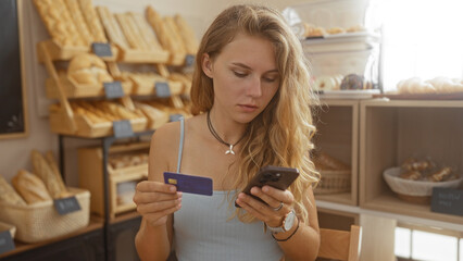 Young woman in bakery holding smartphone and credit card, surrounded by shelves of bread