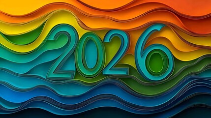 Vibrant Abstract Paper Cut Layers Forming the Numbers 2026 in a Captivating and Futuristic Design Style  This Visually Striking Composition Showcases Creative Use of Geometric Shapes Fluid Curves