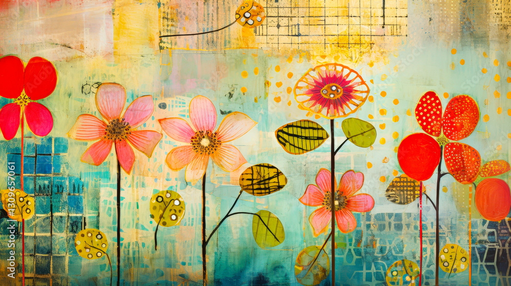 Poster Brightly colored flowers in an abstract style bloom against a textured background filled with artistic patterns and hues