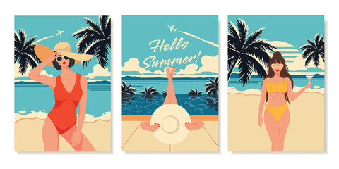 Retro Summer Posters With Girls In Swimsuits. Hello Summer. Concept of Beach Vacation, Summer Vacation, Travel. Vector