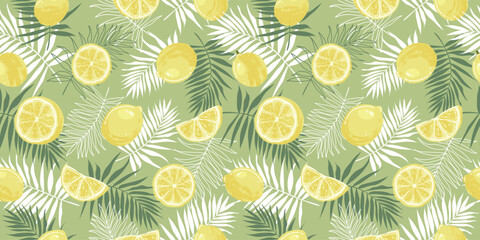 Seamless Pattern with Lemons and Palm Leaves. Summer Horizontal Background, Banner. Vector
