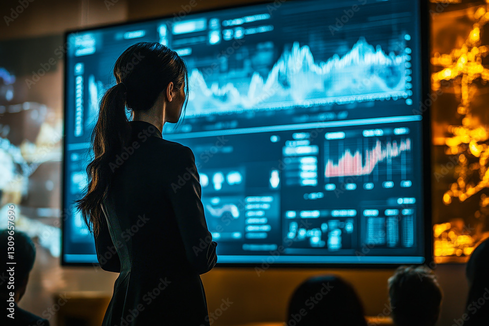 Poster A woman stands focused on analyzing complex data visualizations displayed on a large screen in a contemporary office environment