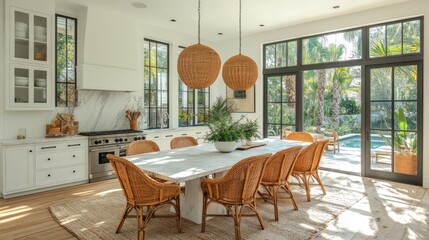 Bright, airy kitchen-dining area with a modern farmhouse aesthetic, featuring a large, light-filled space