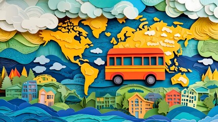 Vibrant and Colorful Paper Cut Collage Depicting a School Bus Traveling Across an Illustrated World Map Symbolizing the Concept of Global Education Accessibility and Opportunity for All