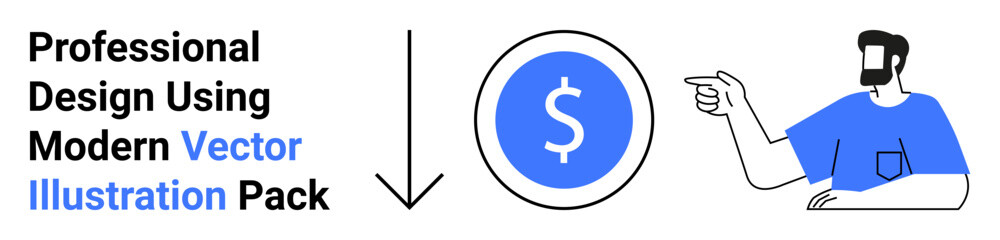 Man in blue shirt pointing to a blue dollar symbol, paired with a downward arrow. Ideal for finance, design, advertising, marketing, affordability, savings concepts, flat landing page banner