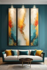 arafed painting on the wall of a living room with a couch and coffee table