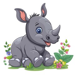Obraz premium Cute Cartoon Rhino Sitting Amid Colorful Flowers and Greenery
