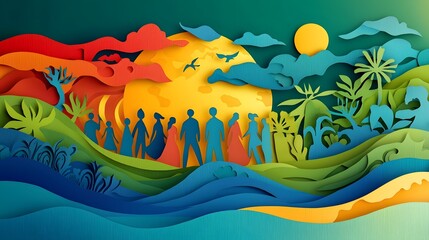 Vibrant and colorful papercut depicting people from different cultural backgrounds coming together in a harmonious and peaceful setting