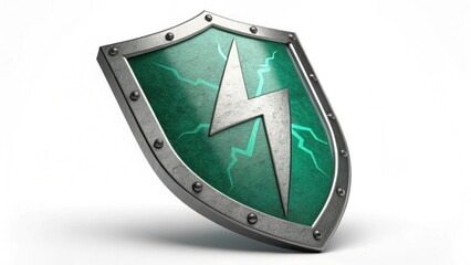 A green shield with a silver border and a lightning bolt symbol, representing protection and power.