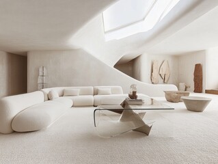 Modern, minimalist living room with a curved sectional sofa, glass coffee table, and smooth, light beige walls.
