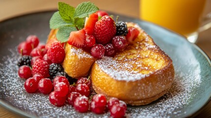 Golden-brown French toast elegantly adorned with an array of vibrant berries, including strawberries and raspberries, rests on a charming plate