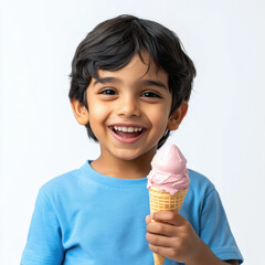 happy indian boy eating ice cream on white background