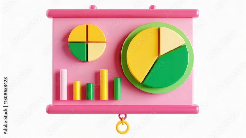 Poster a vibrant, colorful data visualization featuring pie charts and bar graphs displayed on a pink backg
