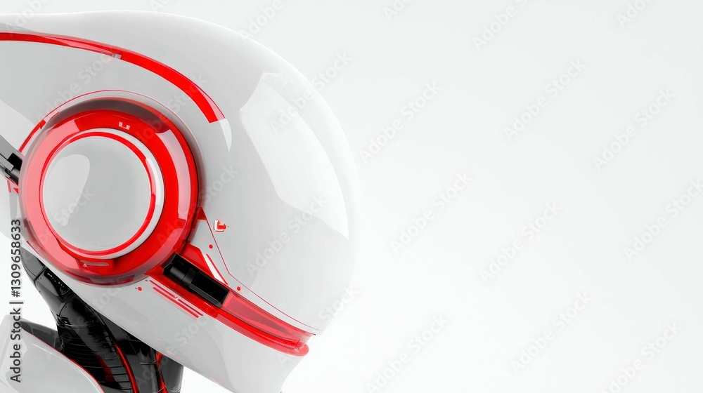 Poster high tech white robot head with red accents on white background in a studio setting