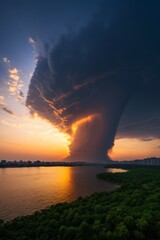Obraz premium arafed cloud over a lake with a sunset in the background