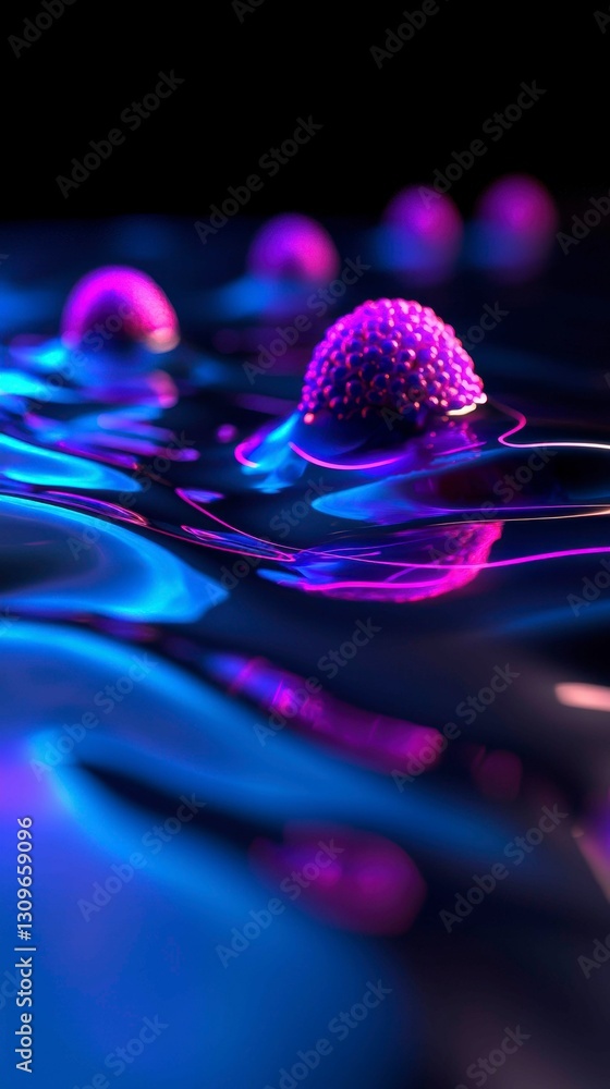 Poster glistening orbs on rippling neon surface abstract artistic fluid dynamics rendered image display