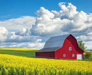 Obraz premium A striking red barn stands amidst bright yellow fields, with rolling hills and a vivid sky creating a picturesque rural landscape
