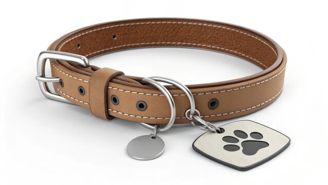 A stylish brown leather dog collar featuring a metal buckle and a paw print tag, perfect for pet identification and fashion.